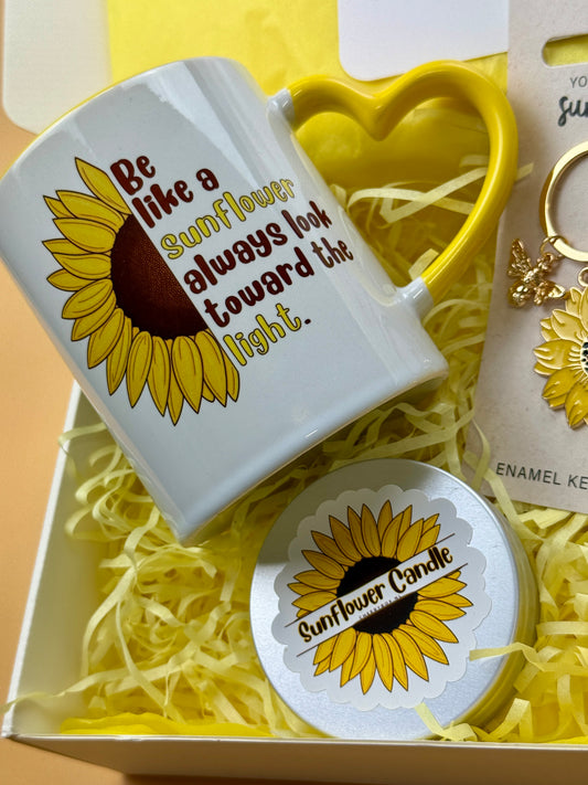 Sunflower mug with yellow heart-shaped handle and matching Sunflower candle