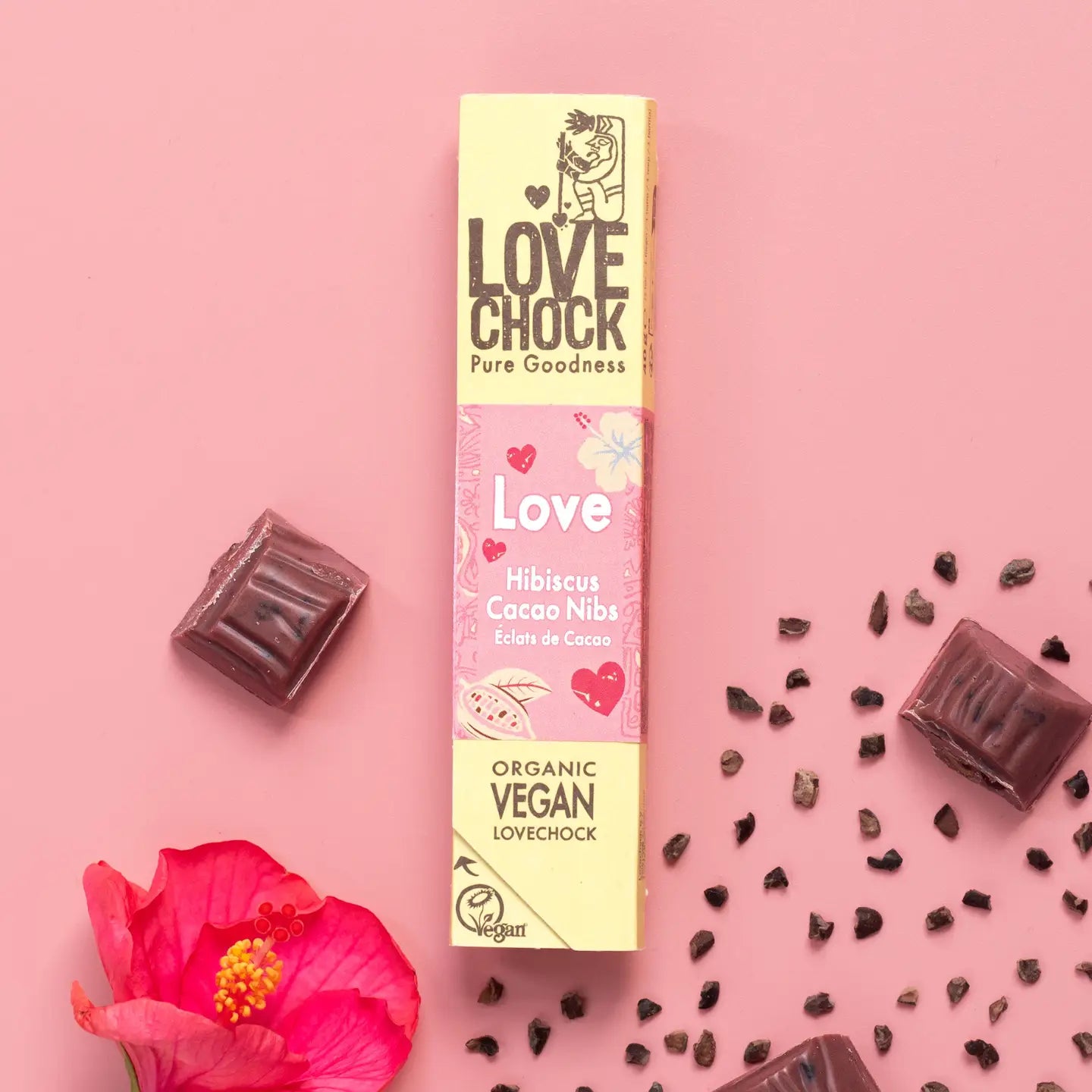 Pink Chocolate with Hibiscus and Cocoa Nibs - Organic, Vegan