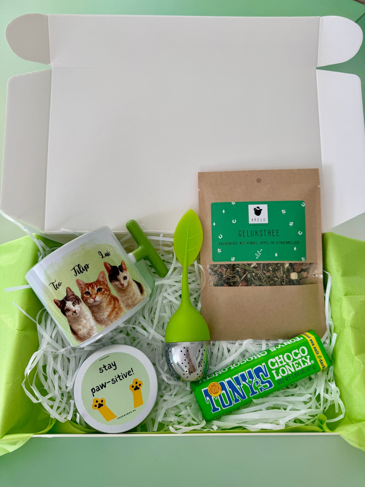 Personalized Cat Lover Gift Box | Personalized Mug, Stay Pawsitive Candle, Tea & Chocolate