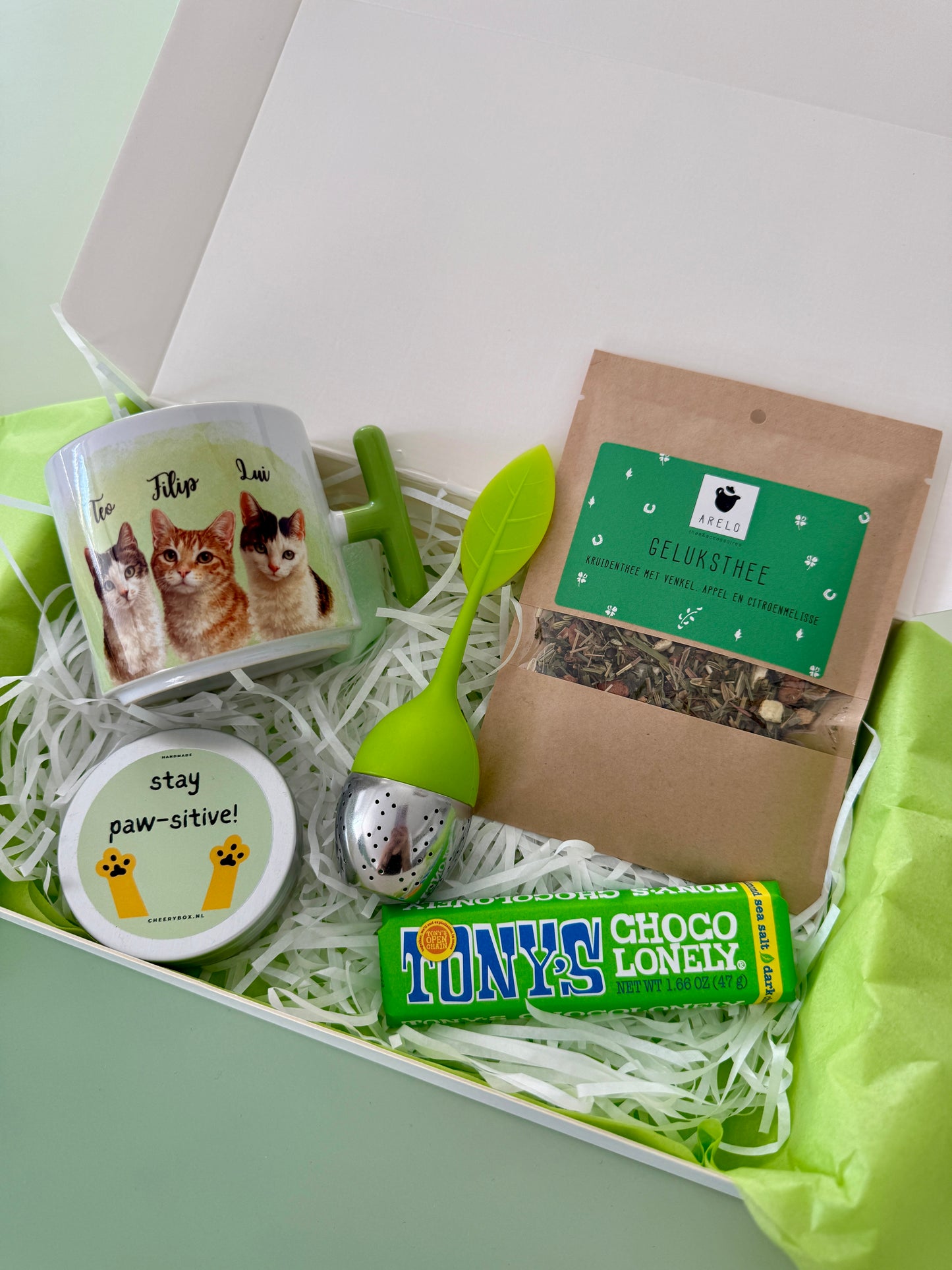 Personalized Cat Lover Gift Box | Personalized Mug, Stay Pawsitive Candle, Tea & Chocolate
