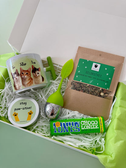 Personalized Cat Lover Gift Box | Personalized Mug, Stay Pawsitive Candle, Tea & Chocolate