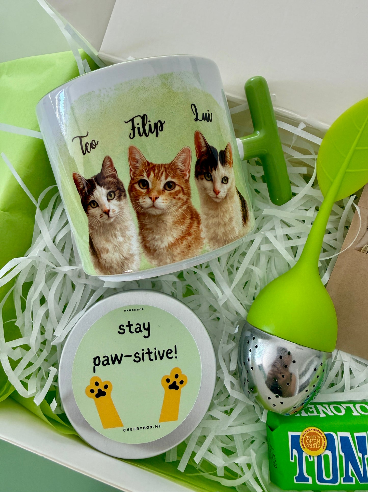 Personalized Cat Lover Gift Box | Personalized Mug, Stay Pawsitive Candle, Tea & Chocolate