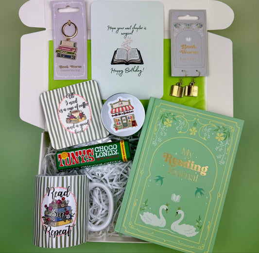 Book lover birthday gift box with reading journal, Read Sip Repeat mug, bookworm keyring, book earrings, candle, coaster and chocolate